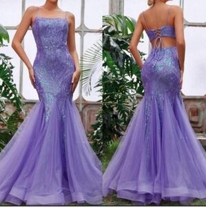 Purple Contrast Sequined and Mesh Sleeveless,  Cami,  Mermaid Maxi Gown